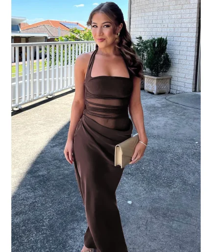 Women Gown Fashion Halter Sleeveless Strapless Bodycon Club Long Dress Mesh Patchwork Backless Sexy Maxi Dress