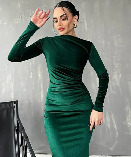 Elegant Party Clothes Evening Green Outfits Women Ruched Long Dress 2025 Spring Summer Velvet Long Sleeve Midi Dress