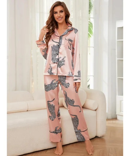Lapel Nightwear Women's Autumn Long Sleeve Cardigan Trousers Sets Button Home Wear Suit Sleepwear Silk Satin Print Pajamas