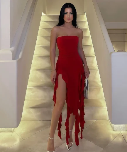 RedPeony Sexy Strapless Off Shoulder Short Dress Women Ruffles Split Beach Dress Summer Slim Fit Sexy Party Women Midi Dress