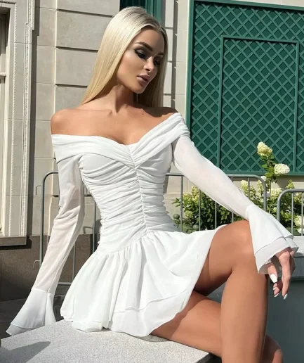 RedPeony Women Fashion Strapless Solid A-Line Dresses Sexy Streetwear Fold Slash Neck Flared Sleeve Slim Fit Women Mini Dress