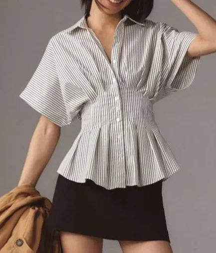 2025 Women Vintage Summer Fashion Joker Striped Waist Shirt with Front Button Loose Fit