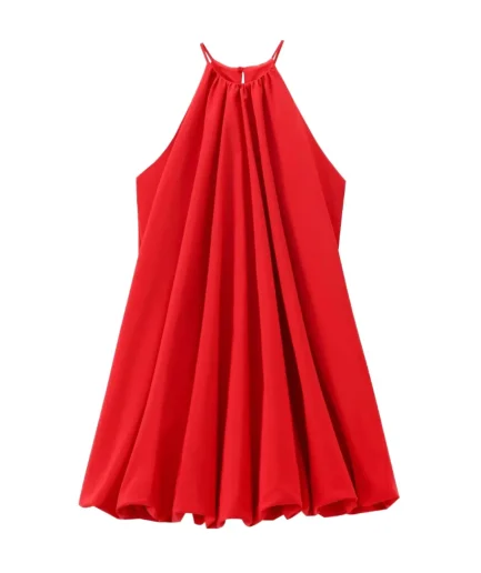 Sweet Vintage Halter Neck Sleeveless Women's Summer Dress Breathable Plain-Dyed Chiffon Weave Solid Pattern Pleated Silhouette