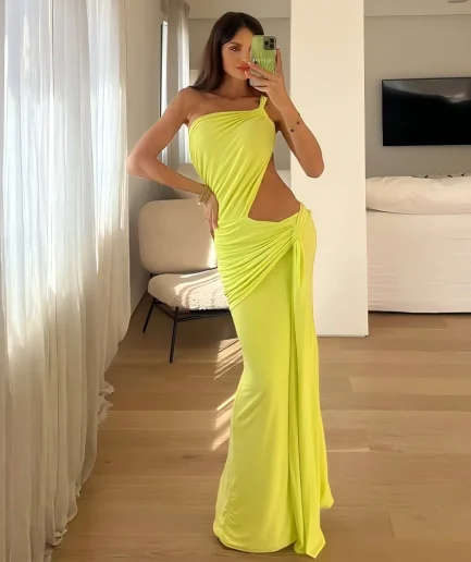 Women Gown Hollow Out One Shoulder Sleevelessdraped Bodycon Club Party Long Dress Irregular Ruched Sexy Maxi Dress