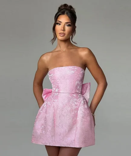 RedPeony Elegant Bow Backless Sexy Party Dresses Women Mini 2025 Spring Summer Dress Jacquard Waist Wrap A-line Dress