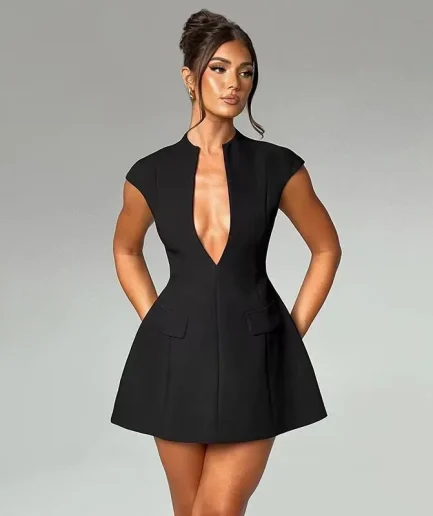 Temperament Solid Color Short Sleeve Dress Female Fashion Sexy Deep V-Neck Slim A-Line Club Skirt Spring Summer Women Mini Dress