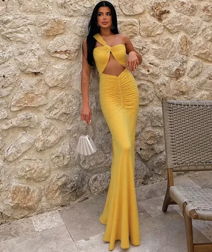 2025 Women Summer One Shoulder Hollow Out Bodycon Vacation Y2K Dress Outfits Sleeveless Dresses Sexy Party Club Women Maxi Dress