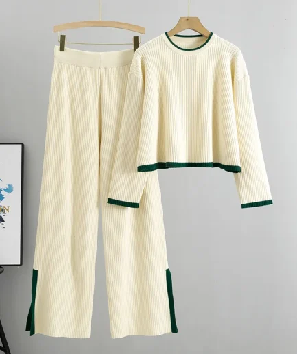 Spring Autumn Solid Sweater Suit Long Sleeve Top T Shirt Wide Leg Pants Loom Clothing Woman Knitted Lady Two Piece Set for Women