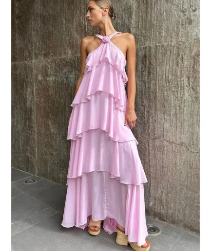 2025 Summer New Lady Beach Robes Women's Elegant Chiffon Backless Sleeveless Fluffy Long Dress 3D Flower Ruffles Layered Dresses