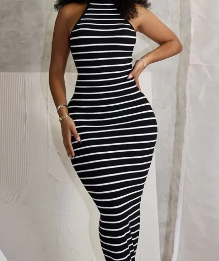 RedPeony Women Sleeveless O-neck Halter Backless Long Dress Summer Striped Print Sexy Night Club Women Party Dresses