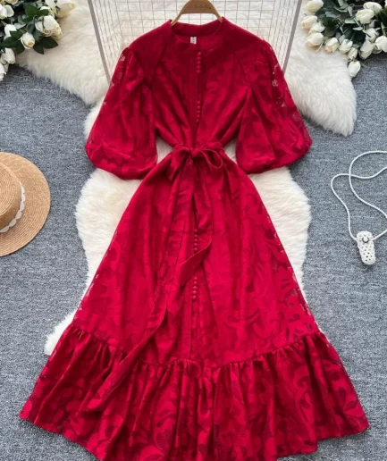 2025 Casual Mesh Embroidery Lace up Dress Big Swing Long Skirt Gentle Bubble Sleeve Design Maxi Spring Autumn Women Dress