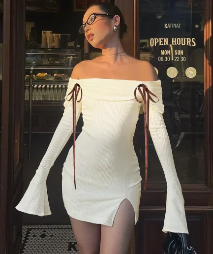 Women Sexy Off-Shoulder Ribbed Knitting Backless Split Bodycon Dress Bowknot Tie Skinny Elegant Club Party Women Mini Dress