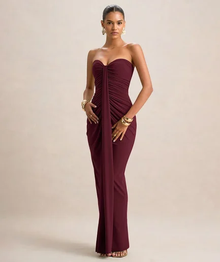 RedPeony Strapless Sexy Women Folds Elegant Lady Dress Solid Color Chic Bodycon Gown off Shoulder Evening Party Women Maxi Dress