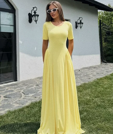 2025 Spring Summer O-Neck Short Sleeve Slim Pleated Long Dress Women Solid Sexy Elegant Party Club Streetwear Women Maxi Dress