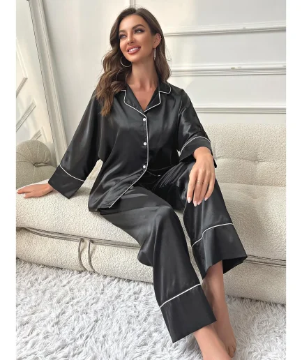 Female Loungewear Like Leisure Suit Notched Collar Top Wide Leg Long Pants 2 Pieces Sleepwear Silk Satin Womens Pajamas Set