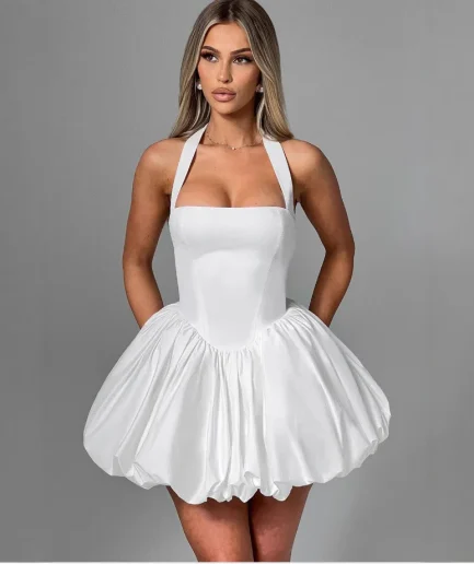 Summer Elegant Backless Pleated Lace-up Halter Short Dress Women Off Shoulder Sleeve Puff Hem A-line Party Club Women Mini Dress