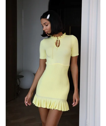 Summer 2025 Evening Party Female Dress Women's Hollow Lace up High Waist Short Sleeve Dress Knitting Ruffled Mini Dress