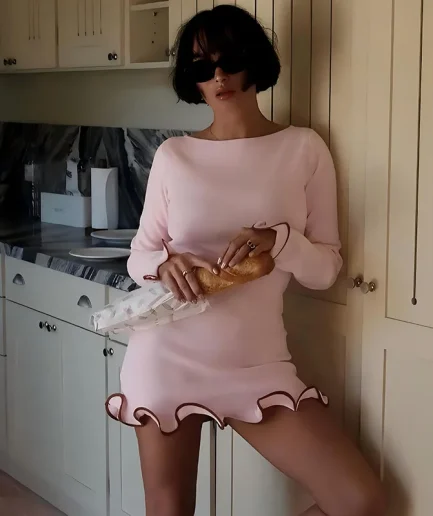 Elegant Round Neck Ruffles Pleat Long Sleeve New Women's Dresses Casual Mini Dresses Lady Chic Party Streetwear Robes