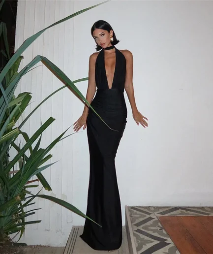 2025 Women Summer Elegant Halter Backless Dress Side Split Deep V-Neck Long Bodycon Midnight Party Club Ruched Women Maxi Dress