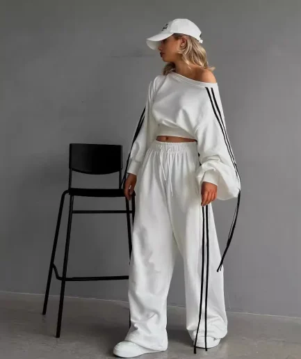 Casual Tracksuit Women Outfit Elegant Striped Side Women's Set Long Sleeve T-shirt Wide Leg Pants Holiday White Two Piece Set