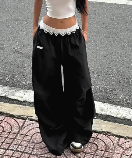 Women Vintage Lace Patchwork Pants Y2k Streetwear Low Rise Wide Leg Trousers Korean Fashion Casual Black Women Baggy Pants
