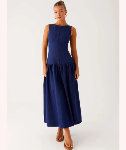 Boutique Women's Fashionable Summer Long Dress French Neck Denim Sleeveless Slim Fit Button Decoration Solid Pattern Women Dress