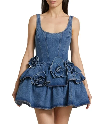 RedPeony  2025 New Fashion Women Summer 3D Flower Denim Dress Vintage Y2k A- Line Halter High Street Party Club Women Mini Dress