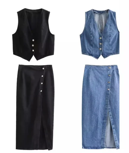 Spring Summer High Waist Slit Slim Skirts + V-neck Vest Women Outfits 2025 New Chic Denim Tank Top and Long Skirt Two Piece Set