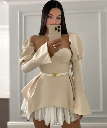 RedPeony  2025 Women Spring and Autumn New Design Chest Wrapping Irregular Puff Sleeve Shortdress Party Club Women Mini Dress