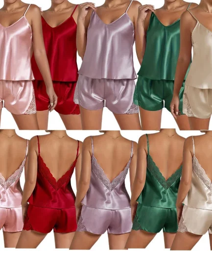 Women V-neck Spaghetti Straps Lace Stitching Tops Shorts Two Piece Sleepwear Nightwear Faux Silk Satin Pajama Set