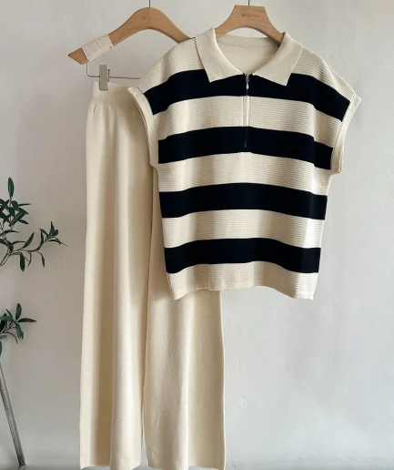 Summer New Knitted Women Striped Sleeveless Lapel Neck Tops + Conjuntos Casual Loose High Waist Straight Pants Women Sets