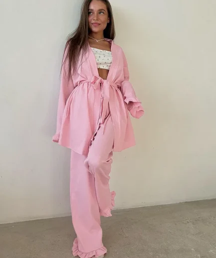 Home Clothes for Women Nightgown V-Neck Sleepwear Long Sleeve Nightwear Lace up Pajama Casual Female Robes Set