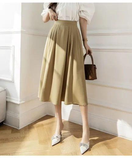 S-XL Korean French Casual A-line Umbrella Skirt with Feathers Halflength Mid Length Over Knee Pocket Folded Large Swing Skirt