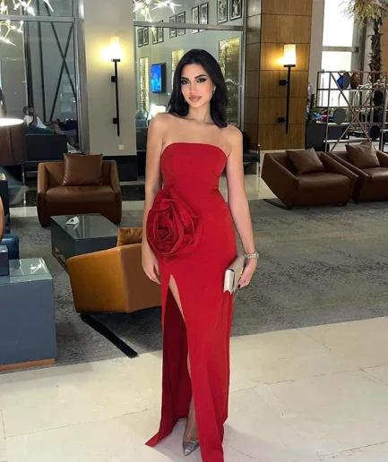 RedPeony  2025 new women sexy high Slit Strapless Sleeveless 3D Flower Formal Evening Party women Floor Length dress