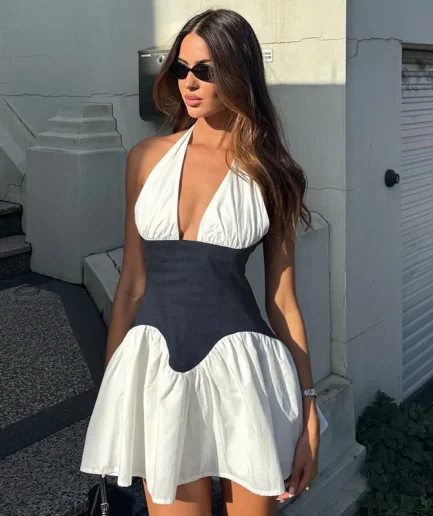 RedPeony Women Summer Halter V-Neck Backless Bandage Patchwork Fold Dress Sleeveless Elegant Casual Daily Party Women Mini Dress