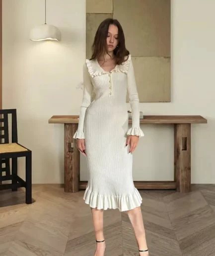 Elegant Sweet Autumn Women Knitted Corset Ruffle Dress Office Lady Celebrity Vintage Lapel Ribbed Button Slim Women Midi Dress