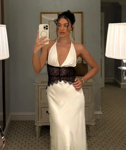 Patchwork Lace Halter Deep V Neck Sleeveless High Waist Elegant Long Dress Women Gown Summer Backless Sexy Maxi Dress