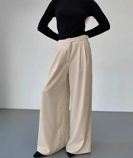RedPeony Women Pants Fashion Khaki Zipper Fly High Waist Wide Leg Pants Loose Casual Pants Chic Office Lady Straight Trousers