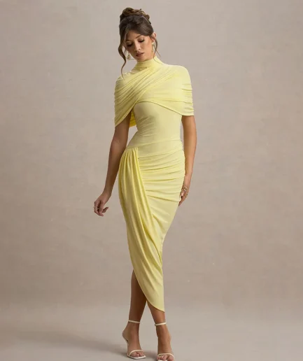 Lady Summer Elegant Party Vestidos 2025 Slim Fit Waist Cinching Backless Long Dress Women Solid High Neck Pleated Maxi Dress