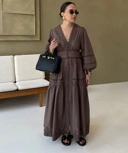 Lady Spring Fashion Beach Lady Robe Solid Hollow Out Lace V-neck Patchwork Fuff Long Sleeve Midi Dress Women Dress