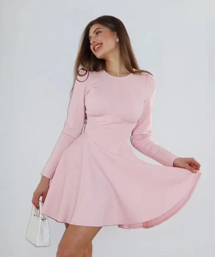 RedPeony Women's Fashion New 2025 Round Neck Full Sleeve Simple solid Dress High Waist Autumn Winter Slim Fit Women Mini Dress