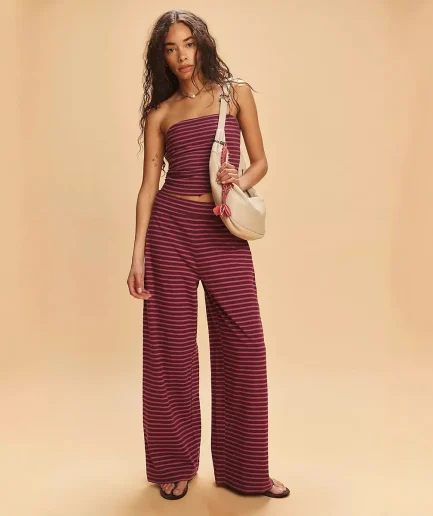 Women Summer Casual Striped Two Piece Clothes Sets Sleeveless Backless Crop Tube Tops Wide Leg Pants Women Streetwear Sets