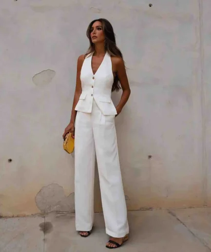 RedPeony 2025 Fashion Chic Halter Neck Collar Halter Retro Vest Blouse+pleated Wide-leg Pants Suit Suit Women's 2-piece