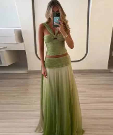 RedPeony Summer Women Fashion New Style Elegant Lady Neckline Chiffon Half-Dress Set Loose Vacation Beach Wear Women Skirt Sets