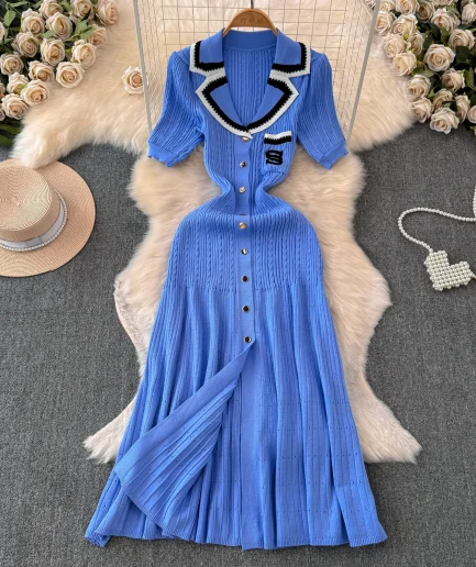 Autumn Summer Neck Short Sleeve Collar Official Long Clashing Colour Sweater Open Knit Casual Ladies Polo Shirt Dress for Women
