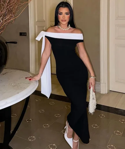 Women's 2025 Elegant Summer Y2k Bandage One Shoulder Bow Dress Tie Slim Evening Dress Sexy Patchwork Party Women Long Dress