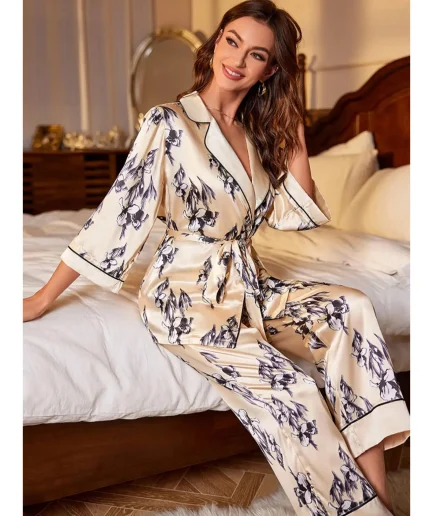Kimono 2 Pieces Nightdress Pyjamas Spring Summer Long Sleeve Tops Satin Robes With Trousers Sleepwear Women's Nightgowns Pajamas