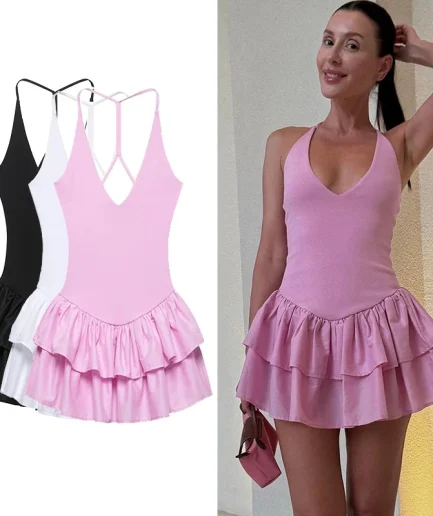 A Line Vestido Summer Ladies Street Party Wear 2025 Halter Pink Mini Dresses Chic v Neck Layer Ruffles Hem Dress Women's Dresses