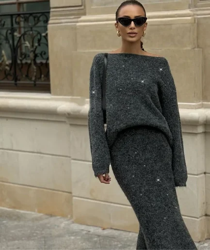 Slash Neck Sweater Midi Dress Bling Knitted Skirts TrackSuit 2 Pieces Female Sets Sexy Soft Elegant Vintage Women Suits