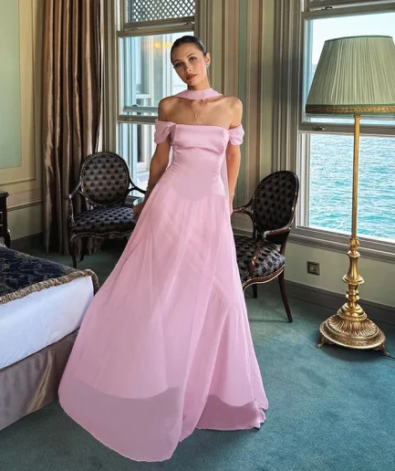 Women Summer Elegant Pink Off-Shoulder Chiffon Evening Dress A-Line Long Gown 2025 Formal Prom Wedding Party Women Maxi Dress